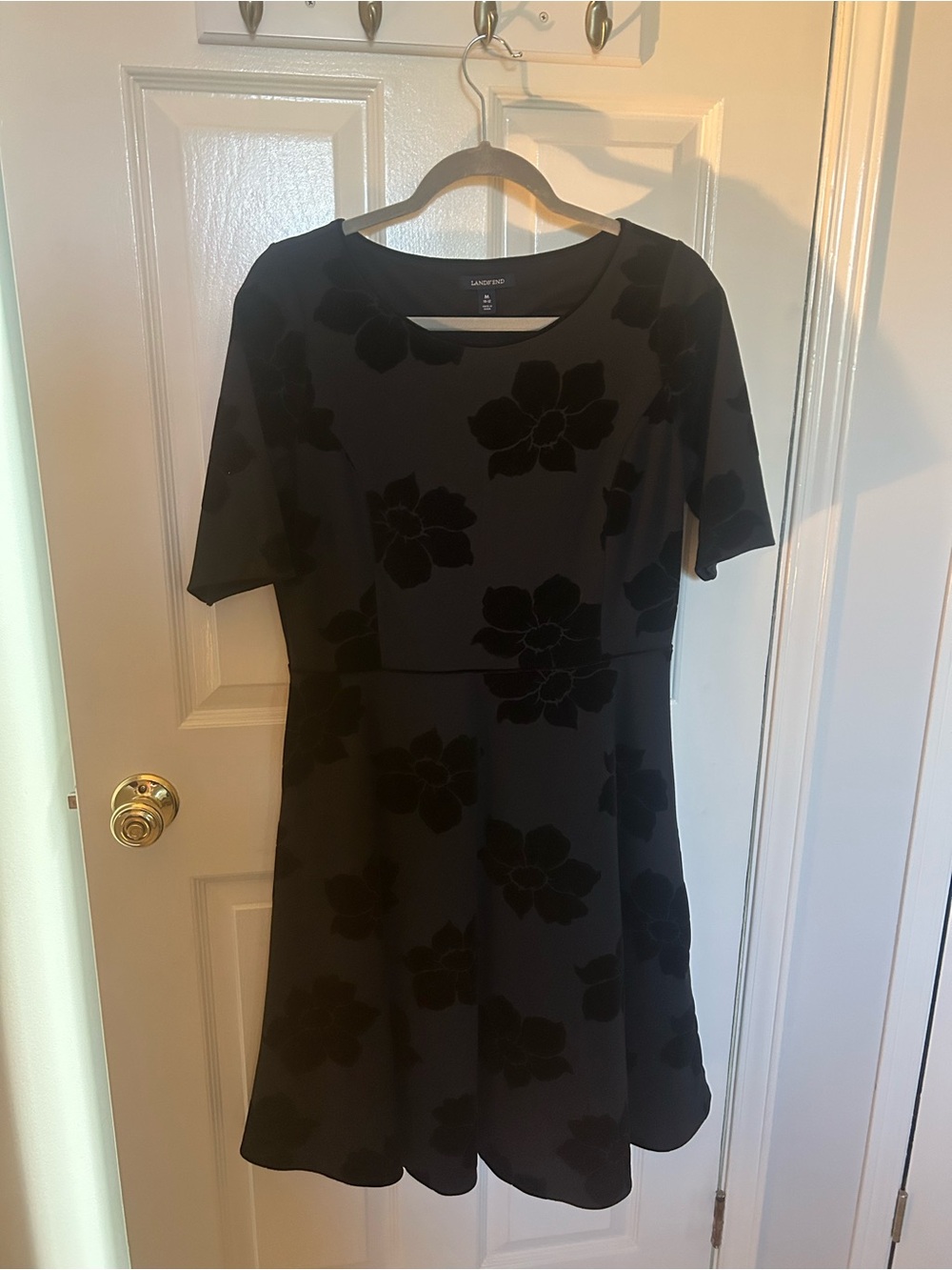 Lands End Black Floral Fit-and-Flare Midi Dress